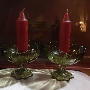 MCM Fenton Coloniol Green Color Candle Holders (Pair) Excellent Condition